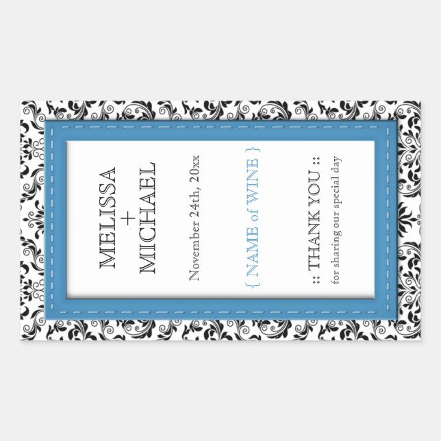 Blue Stitched Damask vertical Wedding Wine Labels (Front)