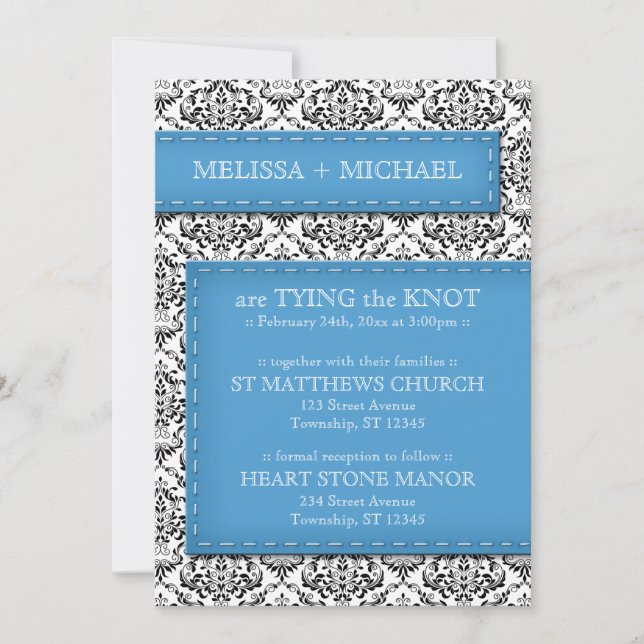 Blue Stitched Damask Wedding Invitations (Front)
