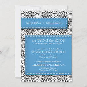 Blue Stitched Damask Wedding Invitations