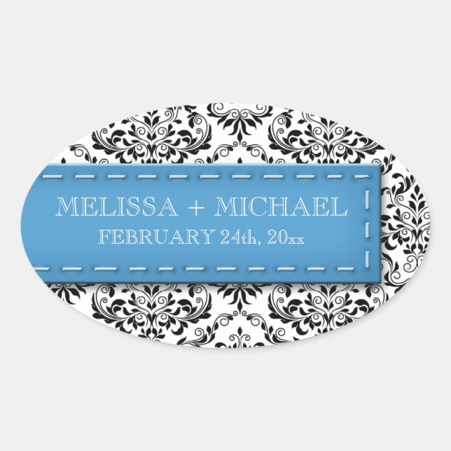Blue Stitched Damask Wedding Large Favour Stickers (Front)
