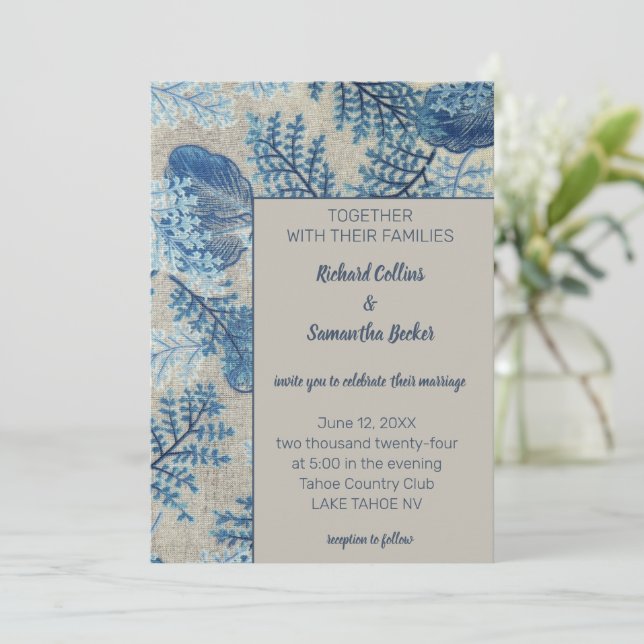 Blue Stitched Floral  Invitation (Standing Front)