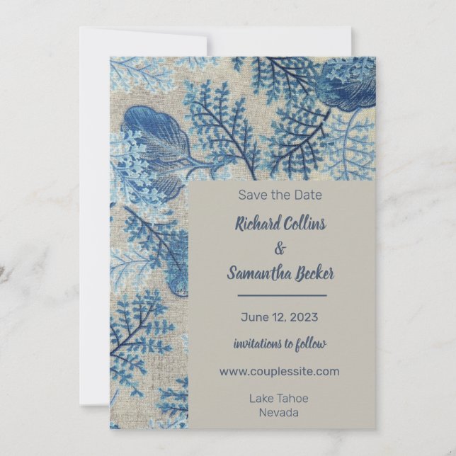 Blue Stitched Floral Wedding Save The Date (Front)
