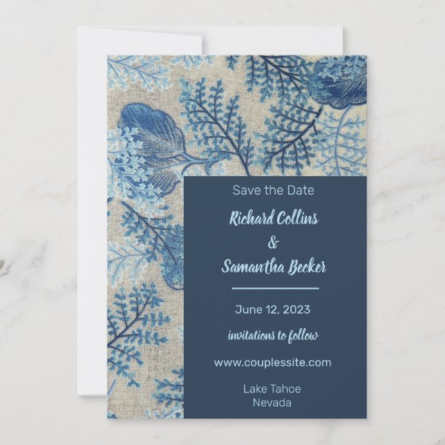 Blue Stitched Floral Wedding Save The Date (Front)