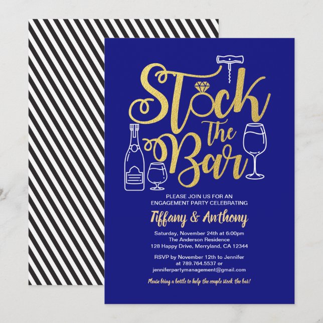 Blue Stock the bar invitation engagement party (Front/Back)