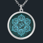 Blue Stone Floral Om Silver Plated Necklace<br><div class="desc">A light blue Om design sits inside of a stylised lotus flower. A shadow falls onto the stone textured background making the flower appear to float just above the surface of the pattern. Six elegant leaves reach out from the centre of the design to create a beautiful symmetrical pattern. This...</div>