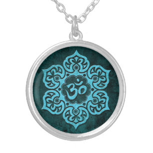 Blue Stone Floral Om Silver Plated Necklace