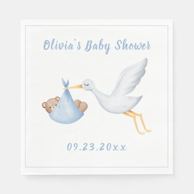 Blue Stork Baby Bear Boy Baby Shower Napkin (Front)
