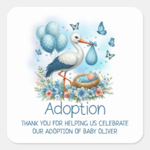 Blue Stork Baby Boy Adoption Baby Shower Thank You Square Sticker
