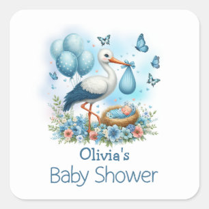 Blue Stork Baby Boy Baby Shower Square Sticker