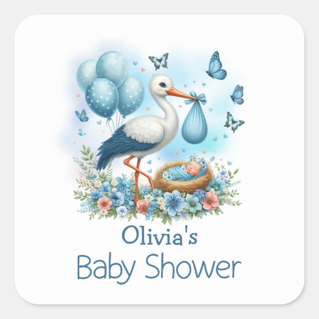 Blue Stork Baby Boy Baby Shower Square Sticker (Front)