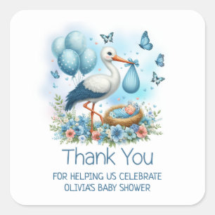 Blue Stork Baby Boy Baby Shower Thank You Square Sticker