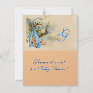 BLUE STORK BABY BOY SHOWER MONOGRAM  Pink Shimmer Invitation