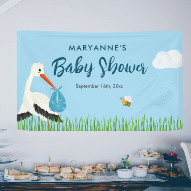 Blue Stork Baby Shower Banner (Blue stork baby shower wall banner personalized with your info)