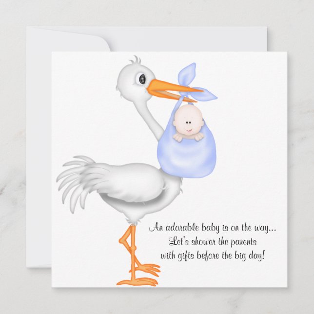 Blue Stork Baby Shower Boy Invitation Announcement (Front)