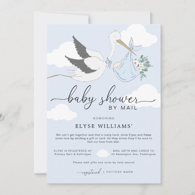Blue Stork Baby Shower By Mail Invitation (Front)