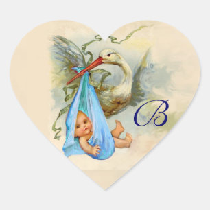 BLUE STORK BABY SHOWER HEART MONOGRAM , STICKER