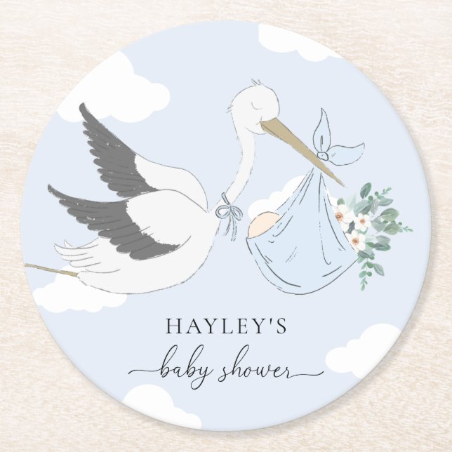 Blue Stork Baby Shower Round Paper Coaster (Front)