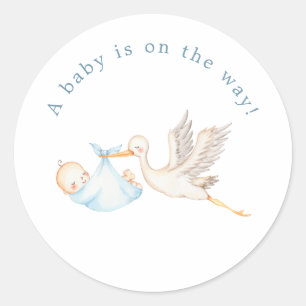 Blue Stork Baby Shower Round Sticker