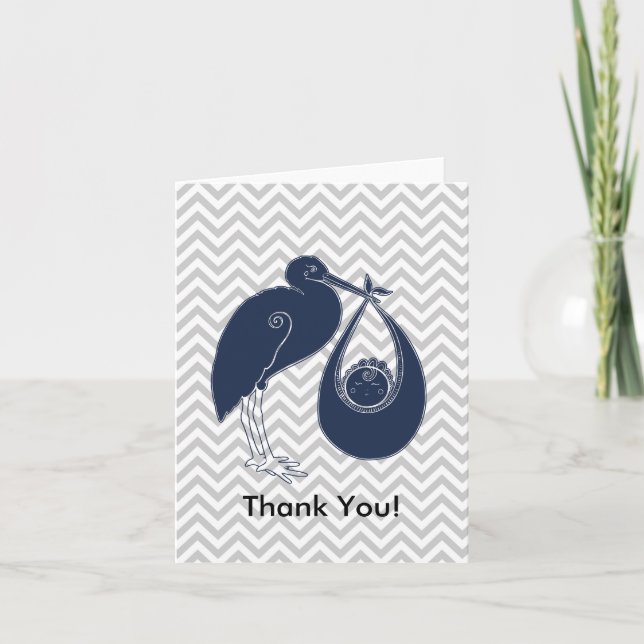 Blue Stork Baby Shower Thank You Card (Front)