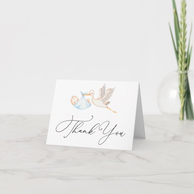 Blue Stork Baby Shower Thank You Note Card (Front)
