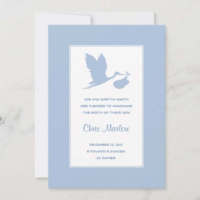Blue Stork Birth Announcement (Front)