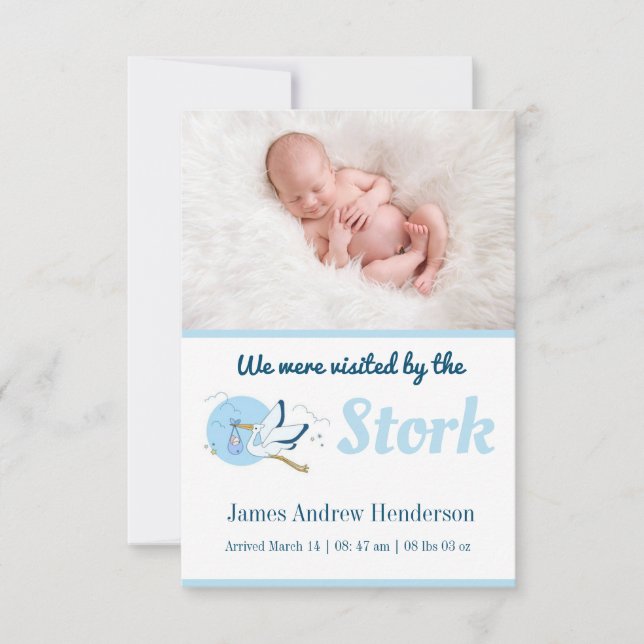 Blue Stork Birth Announcement Card (Front)