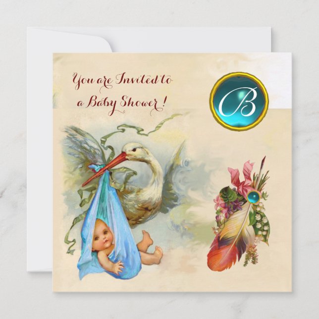 BLUE STORK BOY BABY SHOWER,GEMSTONE MONOGRAM INVITATION (Front)