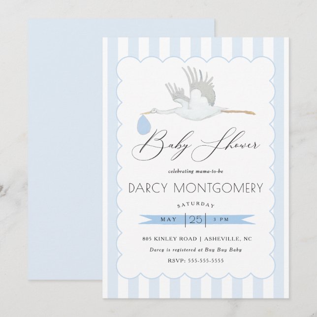 Blue Stork Boy Baby Shower Invitation (Front/Back)
