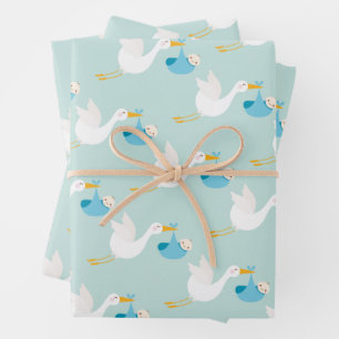 Blue Stork Boy Baby Shower Wrapping Paper Sheet