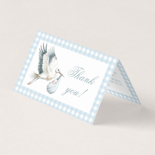 Blue Stork Delivery Baby Boy Shower Thank You Card (Front)