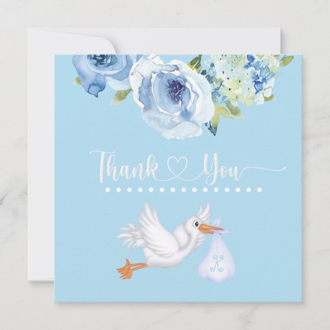 Blue Stork Monogram Floral Baby Shower Thank You Card (Front)