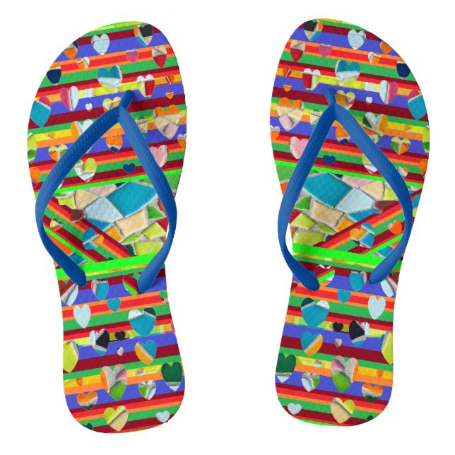 Blue Strap Mosaic Heart Flip Flops (Footbed)