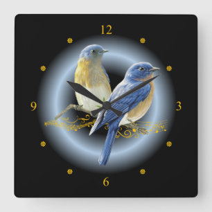 Blue & Straw Birds ~  Gold Musical Scroll ~ * ~ Square Wall Clock