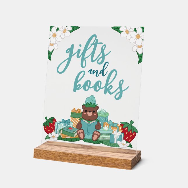 Blue Strawberry Bear Gifts Books Baby Shower Acrylic Sign (Angle)