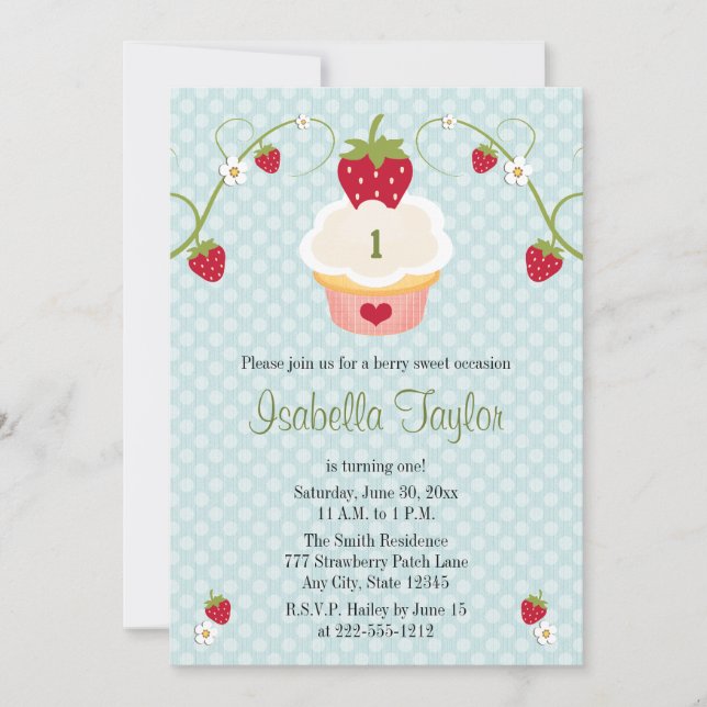 Blue Strawberry Cupcake Birthday Invitation Any Ag (Front)