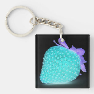 Blue strawberry neon look on black cute berry key ring