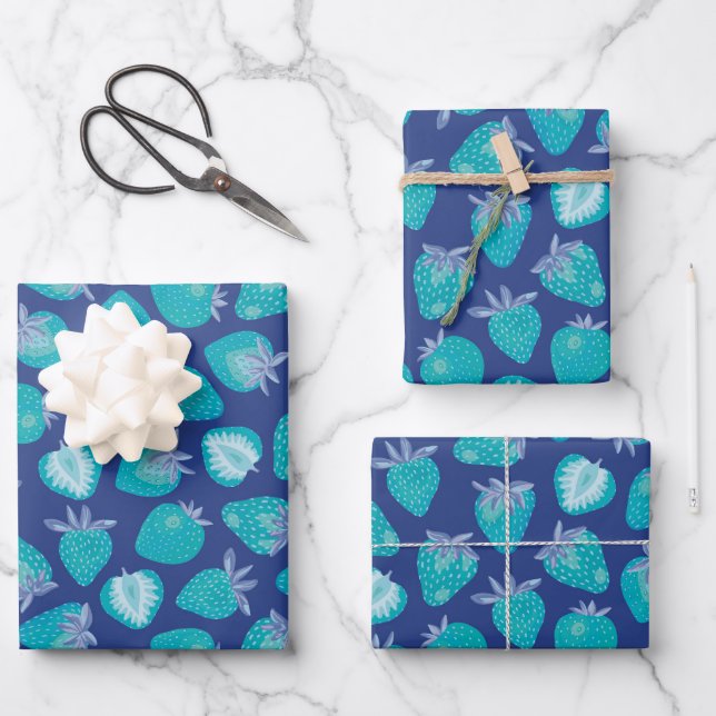 Blue Strawberry pattern Wrapping Paper Sheet (Front)