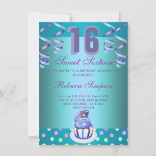 Blue Streamers & Cake Sweet 16 Birthday Invite