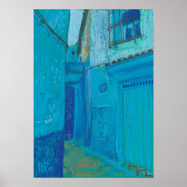 Blue Street Chefchaouen Morocco Pastel Painting Poster (Front)