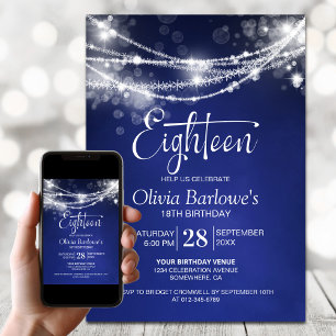 Blue String Lights 18th Birthday Party Invitation