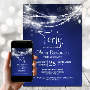 Blue String Lights 40th Birthday Party Invitation
