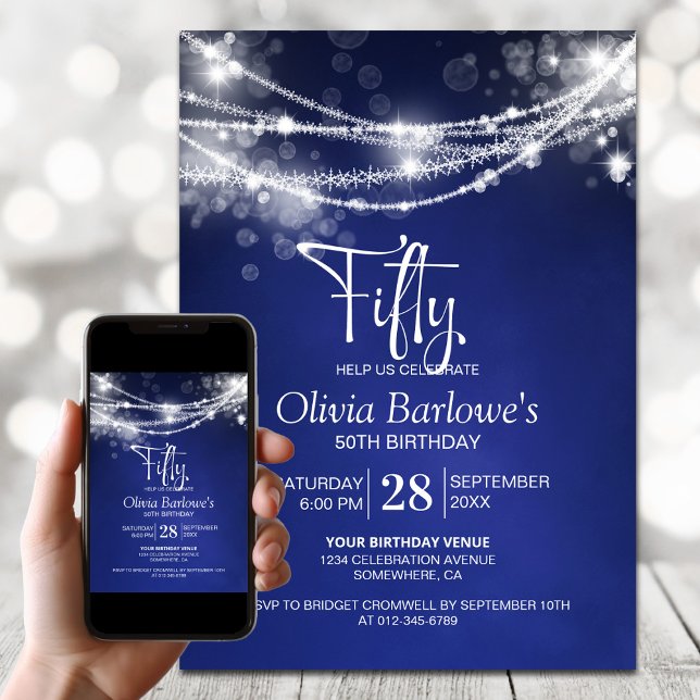 Blue String Lights 50th Birthday Party Invitation (Creator Uploaded)