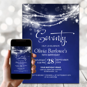 Blue String Lights 70th Birthday Party Invitation