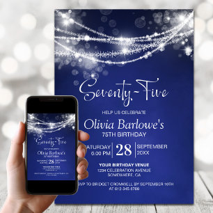 Blue String Lights 75th Birthday Party Invitation