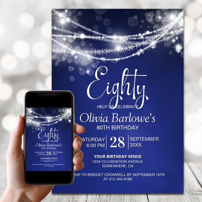 Blue String Lights 80th Birthday Party Invitation (Creator Uploaded)