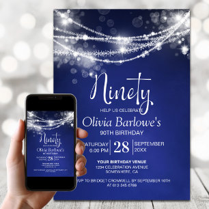 Blue String Lights 90th Birthday Party Invitation