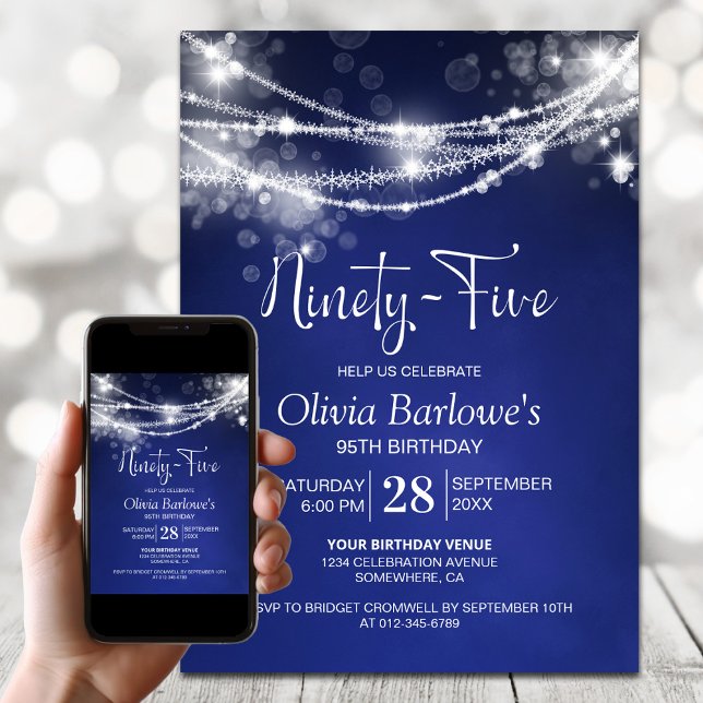 Blue String Lights 95th Birthday Party Invitation (Creator Uploaded)