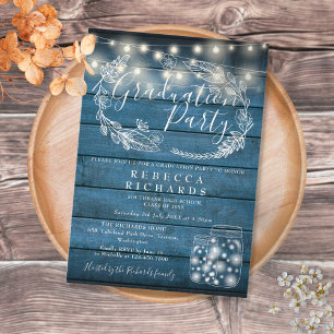 Blue String Lights Mason Jars Graduation Party Invitation