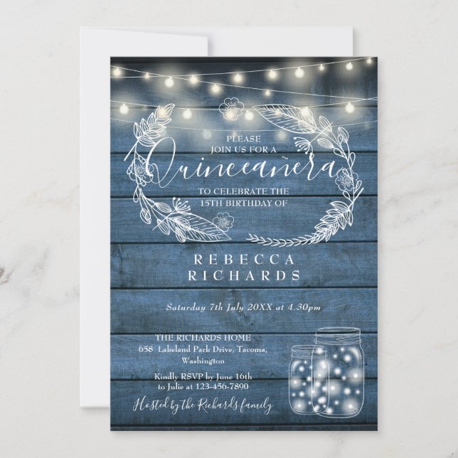 Blue String Lights Mason Jars Quinceañera 15th Invitation (Front)