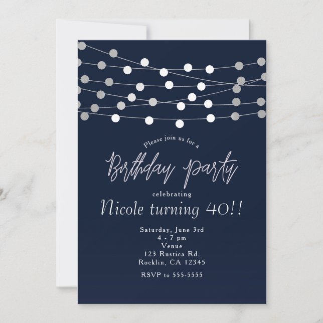 Blue String Lights Modern Chic Birthday Party Invitation (Front)